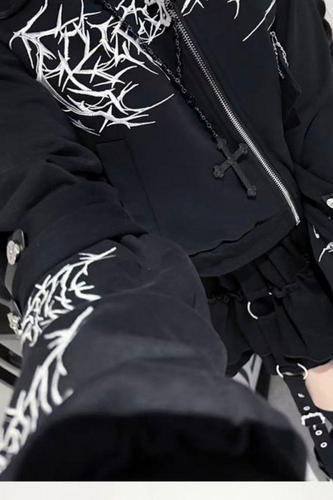 Tricuspid C Embroidered Jirai Kei Cotton Hooded Short Coat