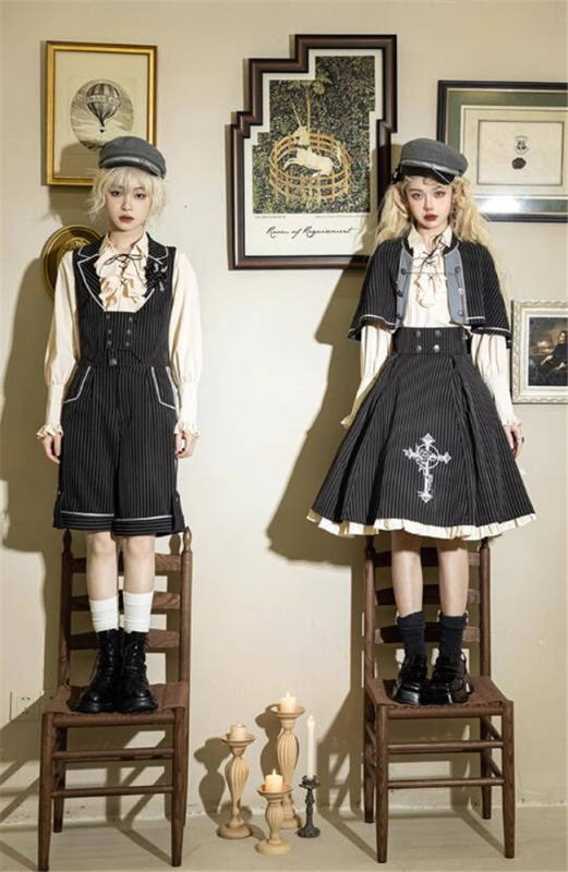Castle Too King's College Stripe Lolita Skirt, Cape, Blouse and Ouji Set
