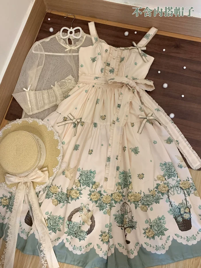Dream Whale Flower Bird Lolita Jumper Dress and Headband
