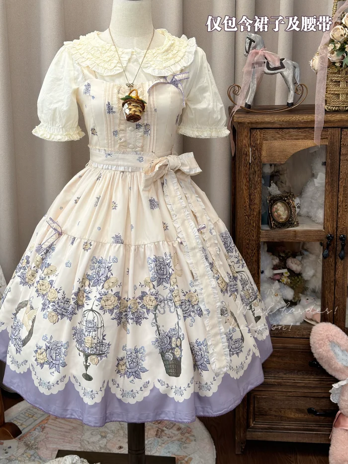 Dream Whale Flower Bird Lolita Jumper Dress and Headband