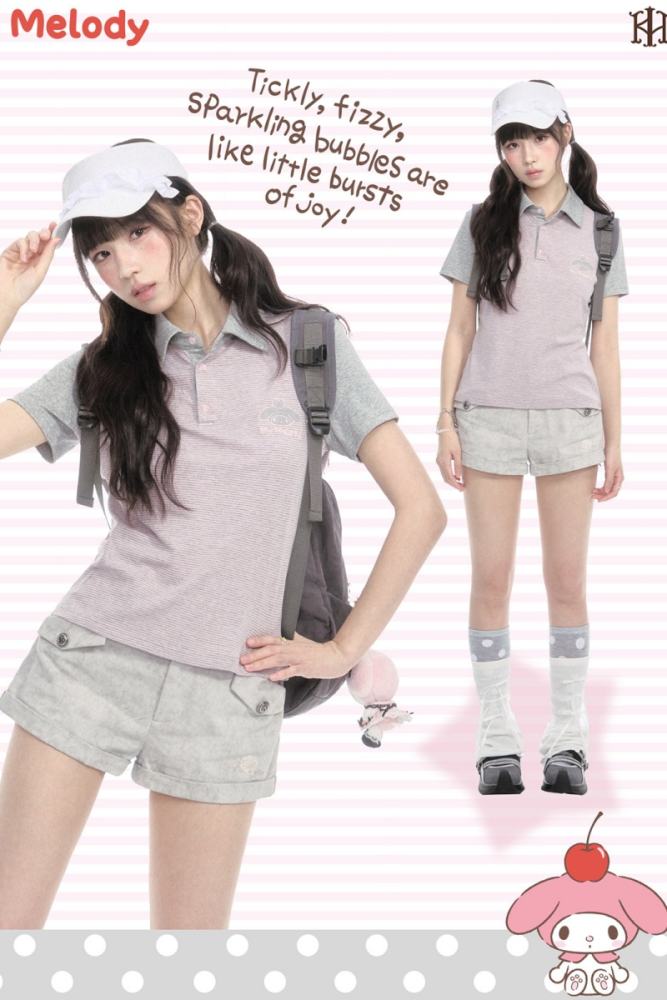 Kyouko and Sanrio Collaborated My Melody Striped Polo Shirt and Shorts
