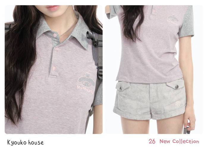Kyouko and Sanrio Collaborated My Melody Striped Polo Shirt and Shorts