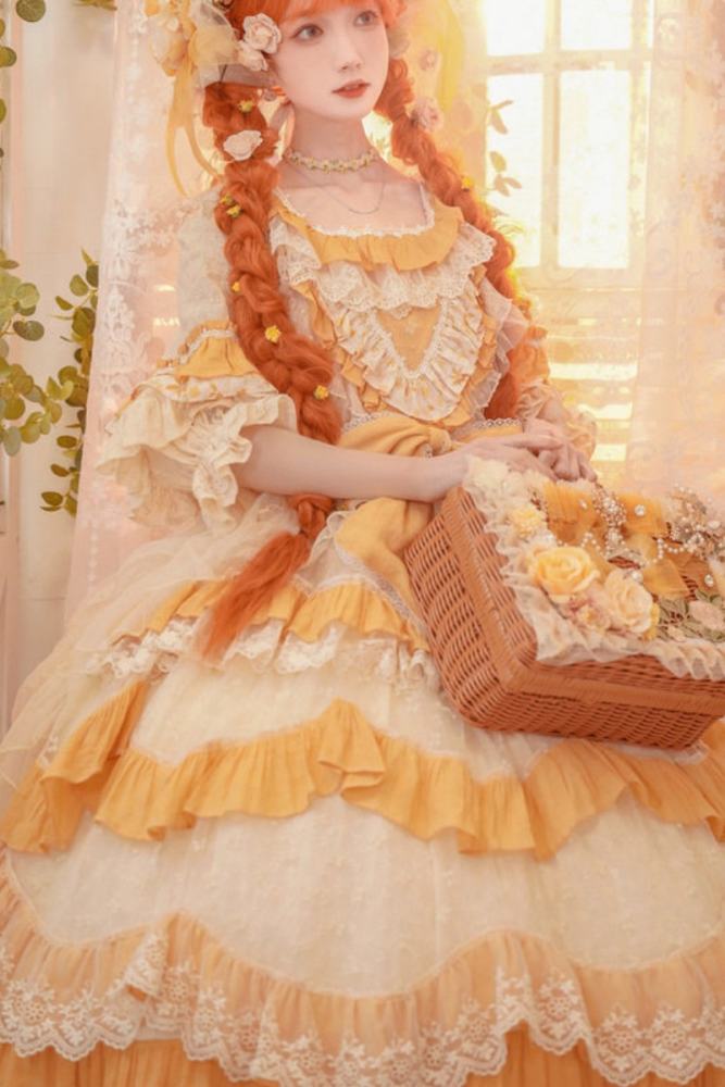 Cat Fairy Flowers Garden Bridal Lolita OP -Yellow