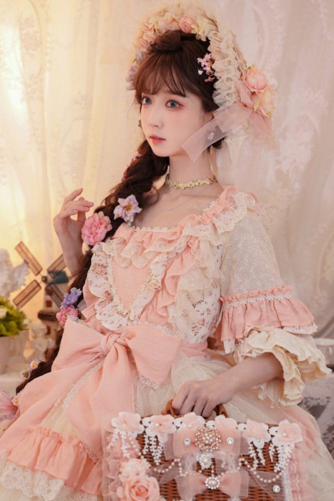 Cat Fairy Flowers Garden Bridal Lolita OP -Pink