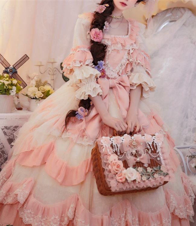 Cat Fairy Flowers Garden Bridal Lolita OP -Pink