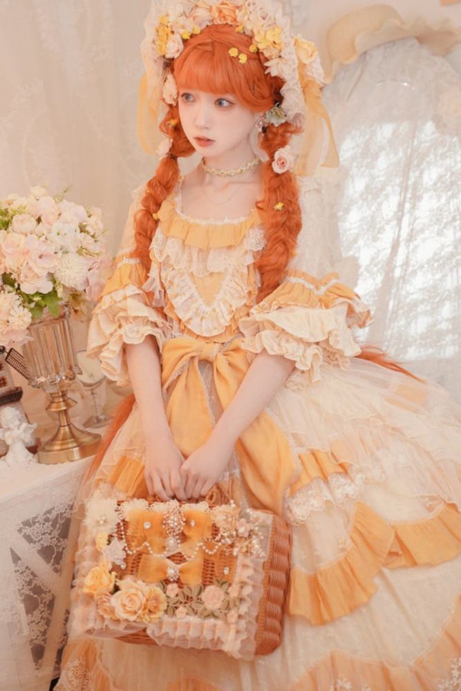 Cat Fairy Flowers Garden Bridal Lolita OP -Yellow
