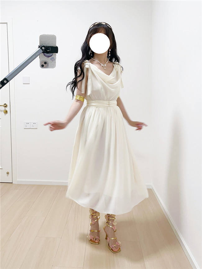 Miss Point Greek Inspired Heap Collar Solid Color Dress