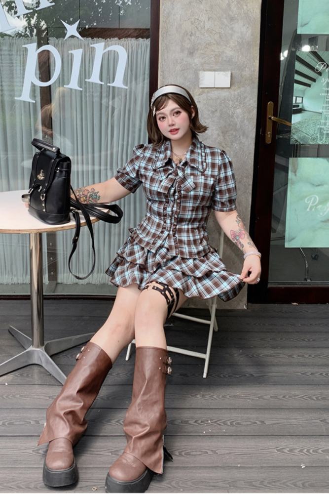 Hard Candy Plus Size Retro Plaid Blouse and Cake Shaped Skirt