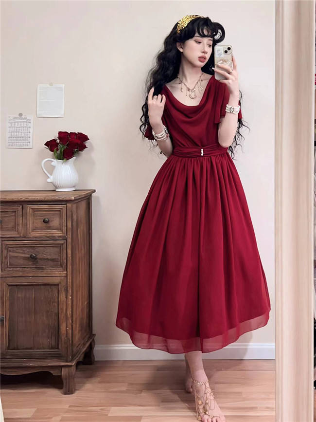 Miss Point Greek Inspired Heap Collar Solid Color Dress