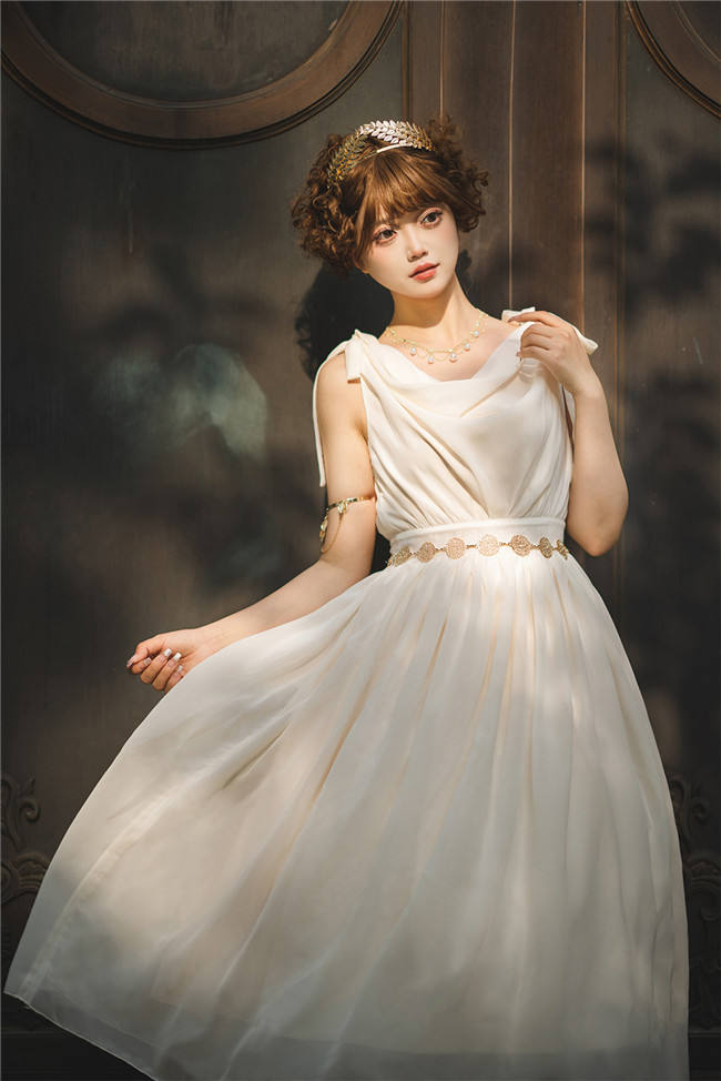 Miss Point Greek Inspired Heap Collar Solid Color Dress