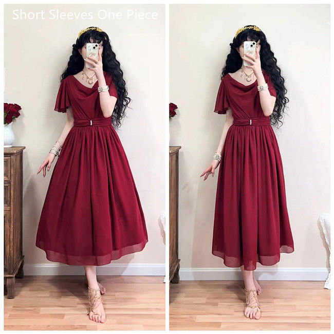 Miss Point Greek Inspired Heap Collar Solid Color Dress