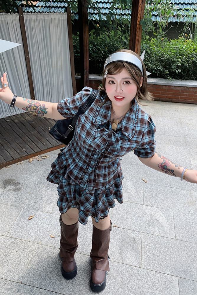 Hard Candy Plus Size Retro Plaid Blouse and Cake Shaped Skirt