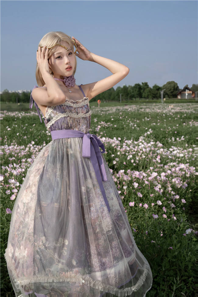 Cyan Lolita Oil Painting Floral Lolita Dress