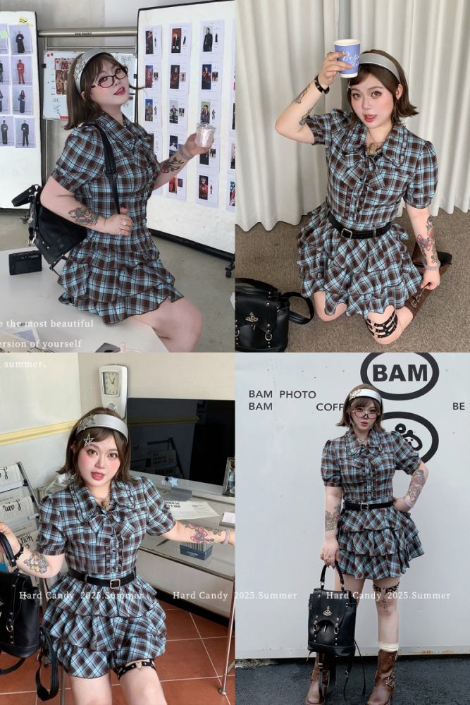 Hard Candy Plus Size Retro Plaid Blouse and Cake Shaped Skirt