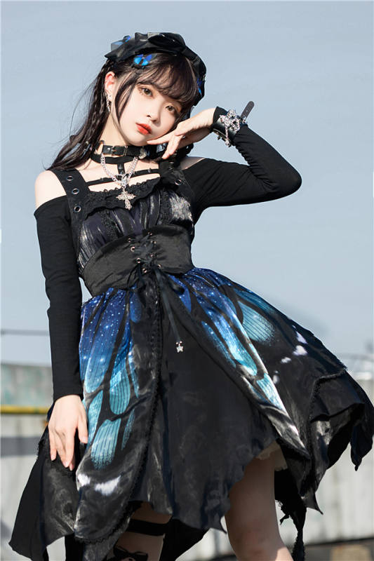 Butterfly Effect ~Punk Halloween Lolita High Waist JSK - Blue Green Short Version Size S - In Stock