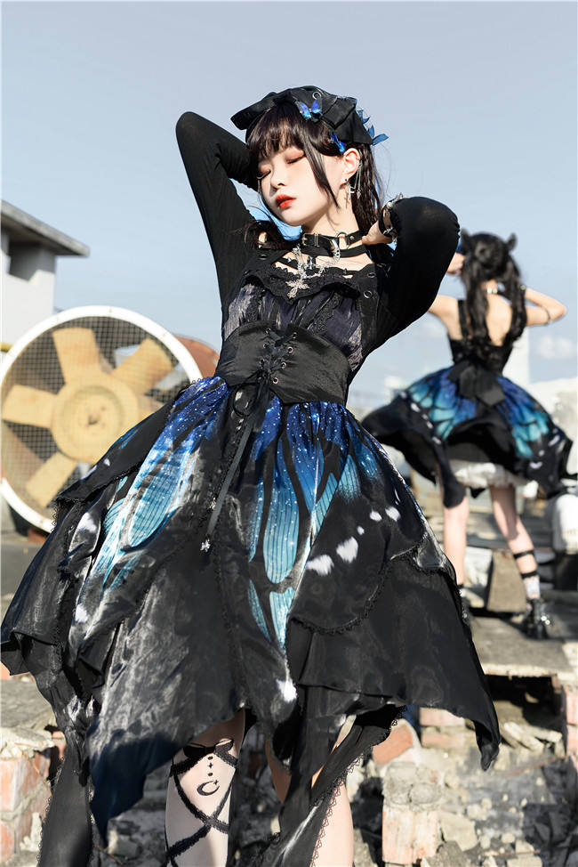 Butterfly Effect ~Punk Halloween Lolita High Waist JSK - Blue Green Short Version Size S - In Stock