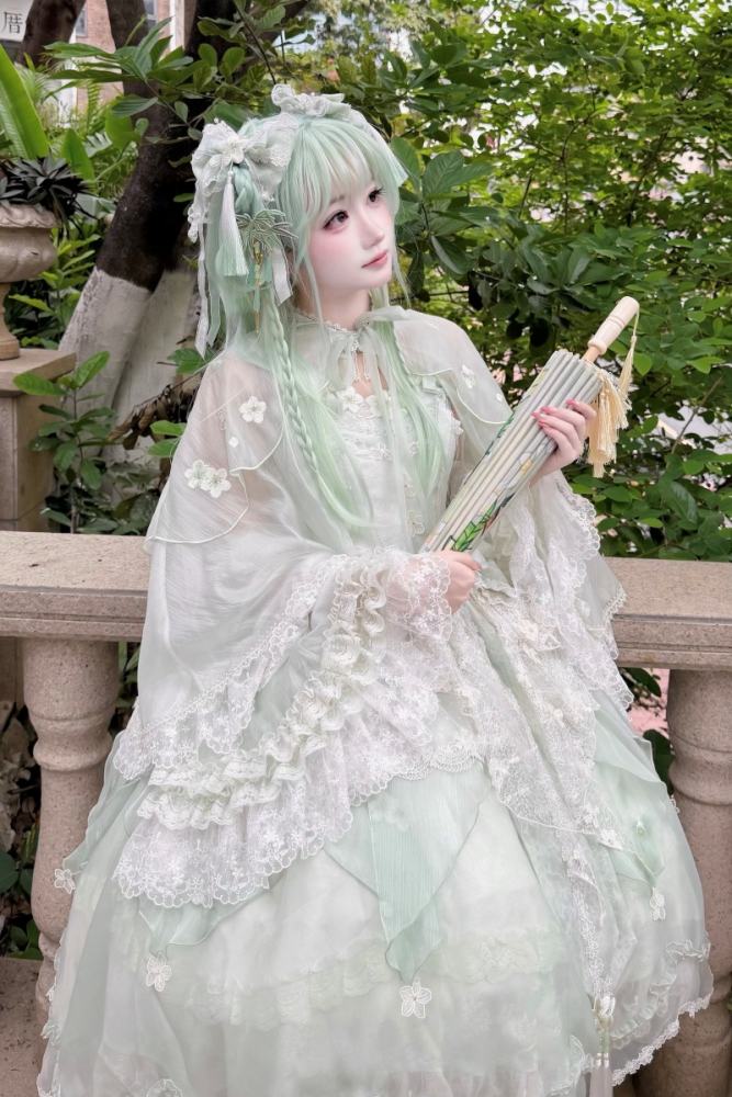 Meowing and Fruity Peach Blossom Hanfu Qi Lolita Headdress Wristcuffs and Tailing