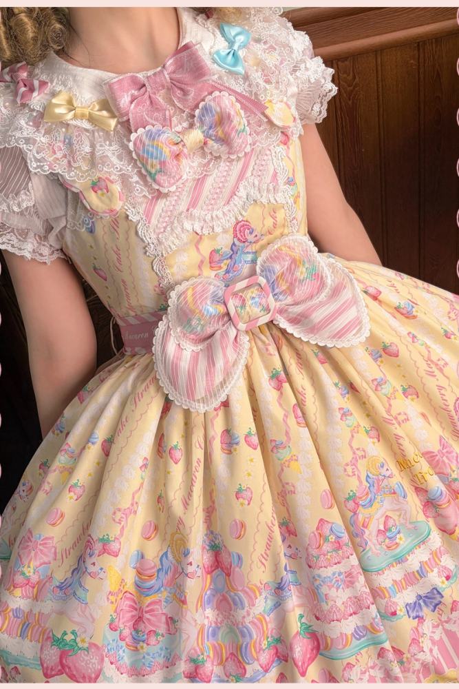 Alice Girl ~Strawberry Macaron~ Sweet Prints Lolita JSK OP and Salopette 4 Colors