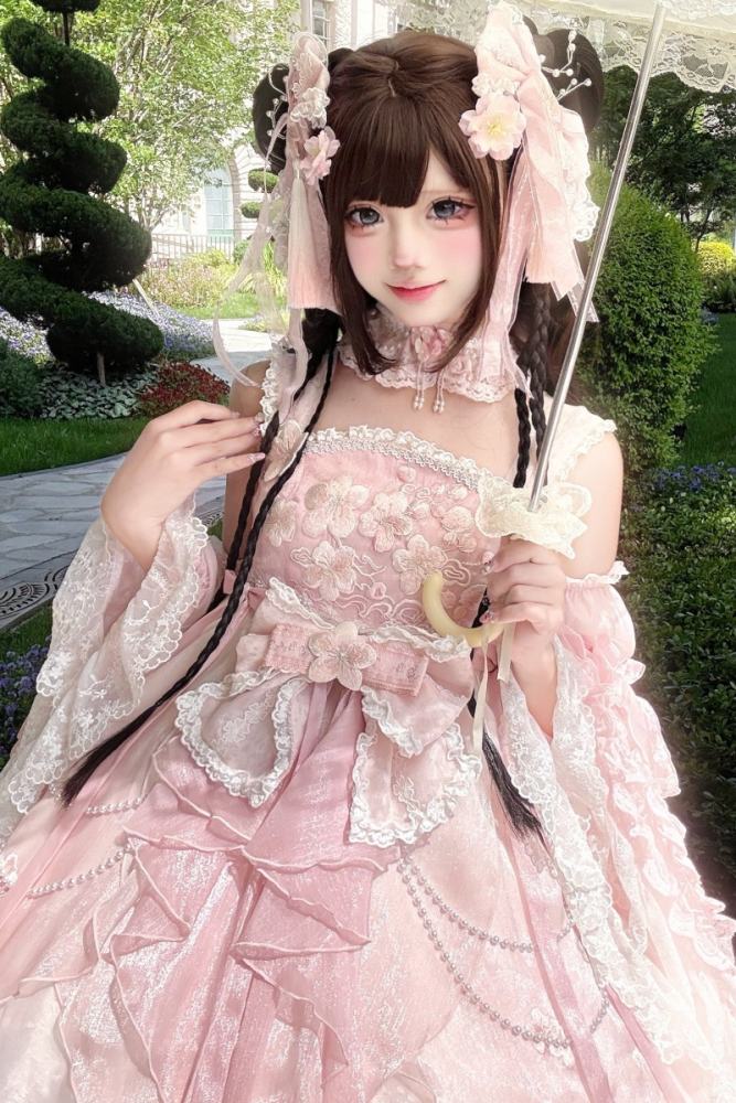 Meowing and Fruity Peach Blossom Hanfu Qi Lolita Headdress Wristcuffs and Tailing