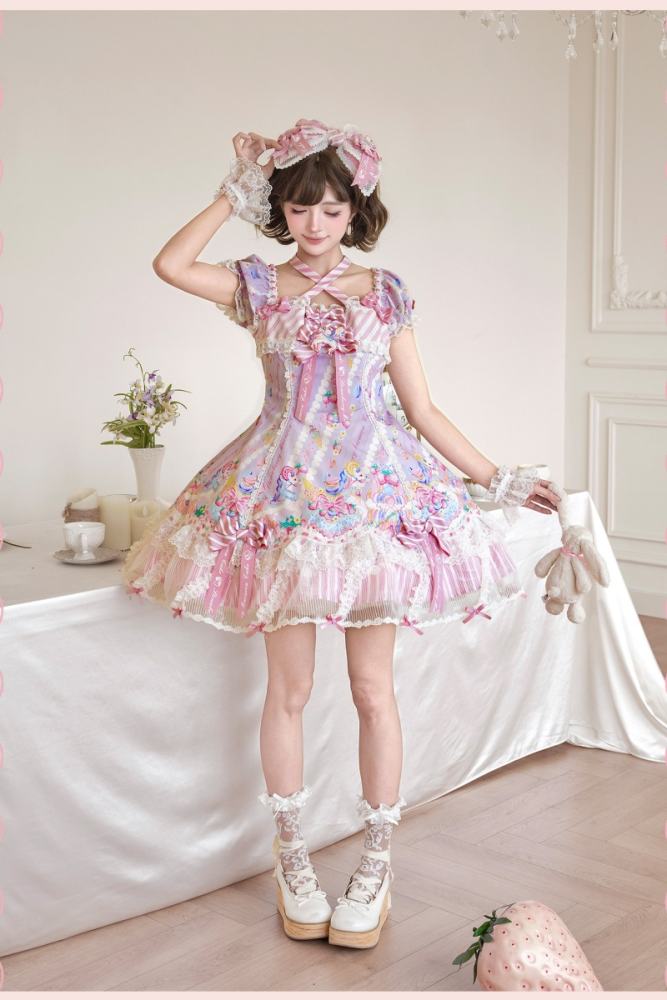 Alice Girl ~Strawberry Macaron~ Sweet Prints Lolita JSK OP and Salopette 4 Colors