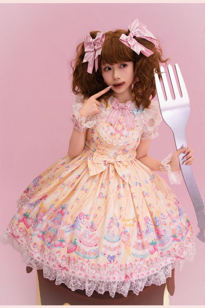 Alice Girl ~Strawberry Macaron~ Sweet Prints Lolita JSK OP and Salopette 4 Colors