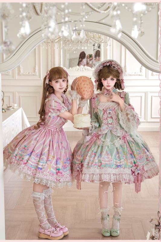 Alice Girl ~Strawberry Macaron~ Sweet Prints Lolita JSK OP and Salopette 4 Colors