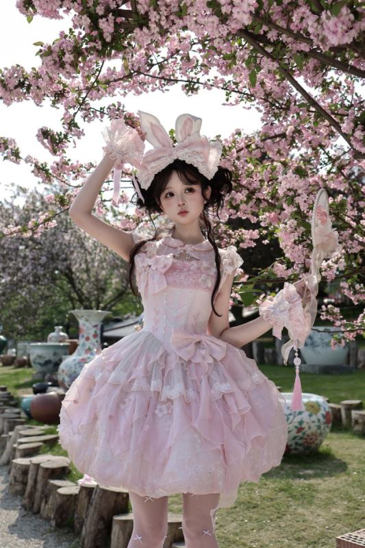 Meowing and Fruity Peach Blossom Hanfu Qi Lolita Pink Green JSK and Cape