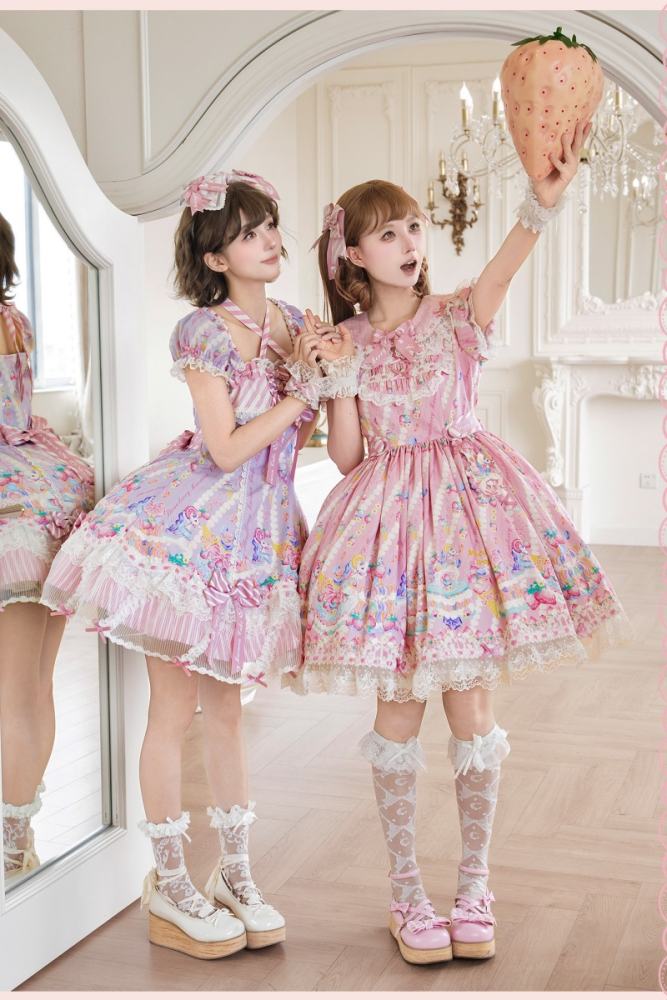 Alice Girl ~Strawberry Macaron~ Sweet Prints Lolita JSK OP and Salopette 4 Colors