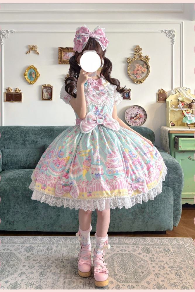 Alice Girl ~Strawberry Macaron~ Sweet Prints Lolita JSK OP and Salopette 4 Colors