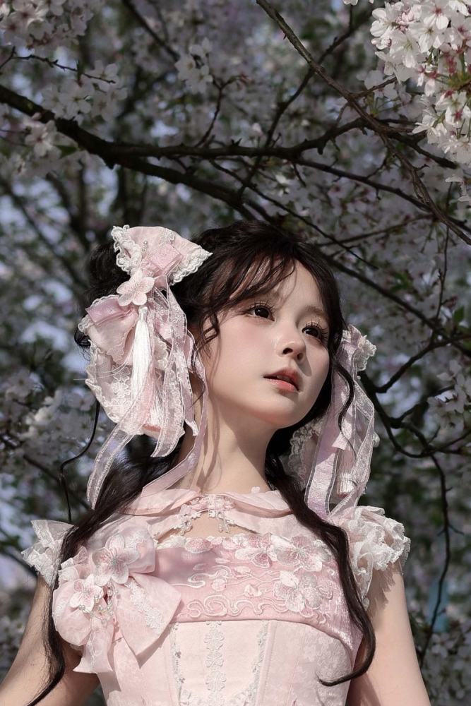 Meowing and Fruity Peach Blossom Hanfu Qi Lolita Headdress Wristcuffs and Tailing