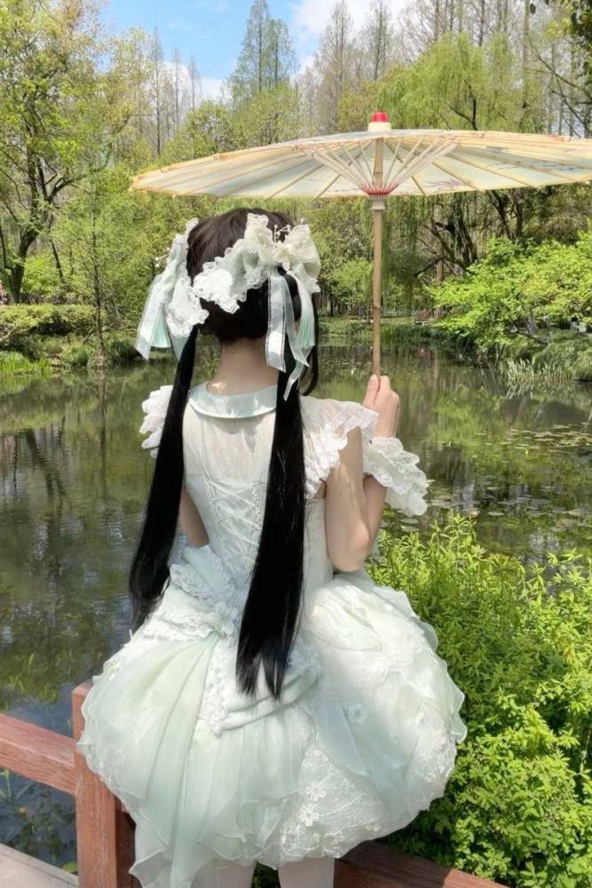 Meowing and Fruity Peach Blossom Hanfu Qi Lolita Headdress Wristcuffs and Tailing
