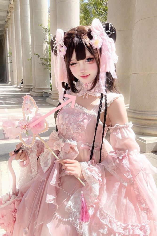 Meowing and Fruity Peach Blossom Hanfu Qi Lolita Headdress Wristcuffs and Tailing