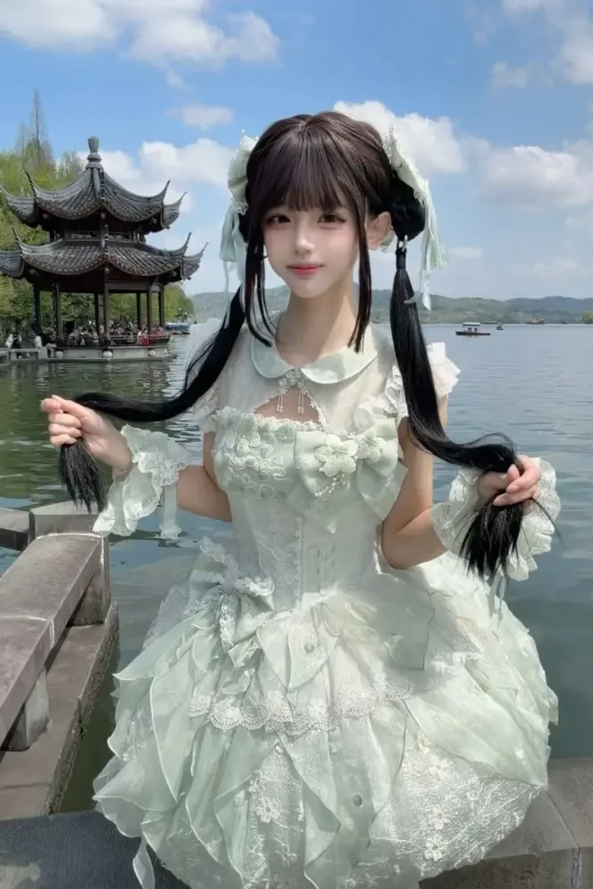 Meowing and Fruity Peach Blossom Hanfu Qi Lolita Headdress Wristcuffs and Tailing