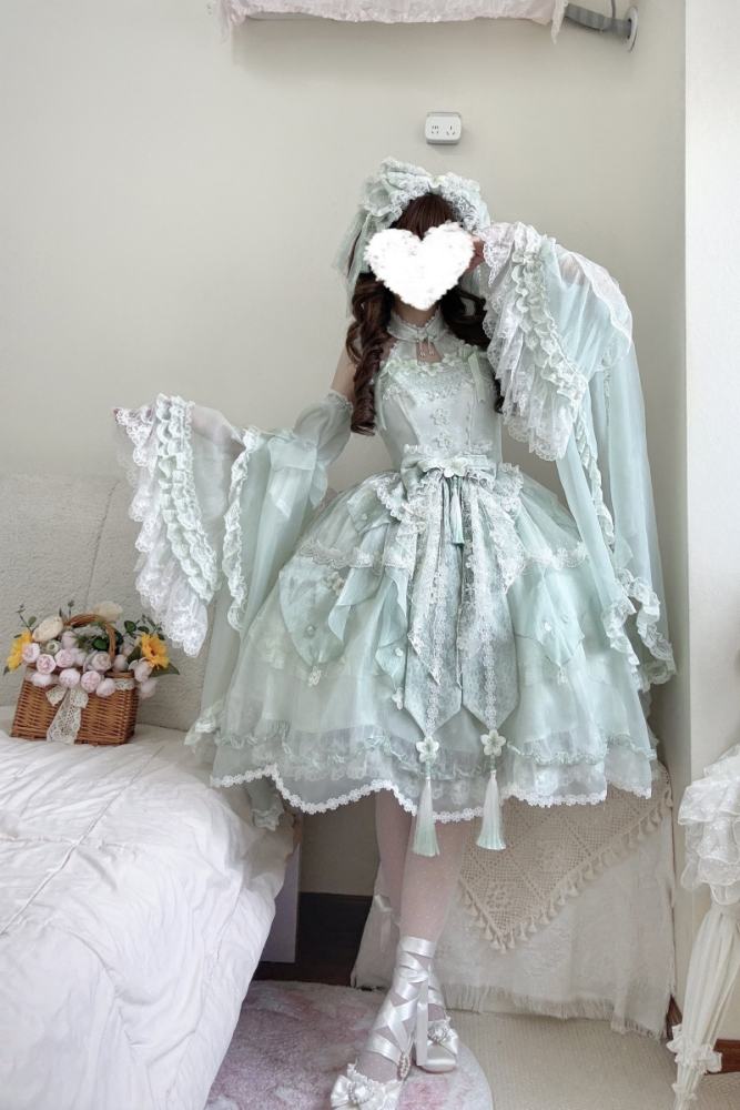 Meowing and Fruity Peach Blossom Hanfu Qi Lolita Headdress Wristcuffs and Tailing