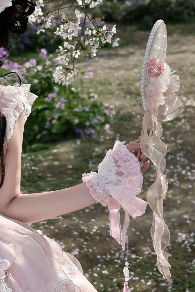 Meowing and Fruity Peach Blossom Hanfu Qi Lolita Headdress Wristcuffs and Tailing