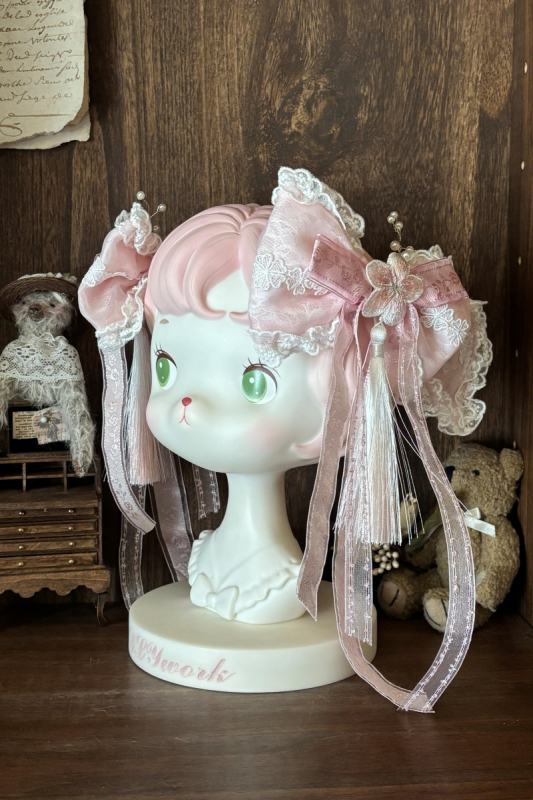 Meowing and Fruity Peach Blossom Hanfu Qi Lolita Headdress Wristcuffs and Tailing