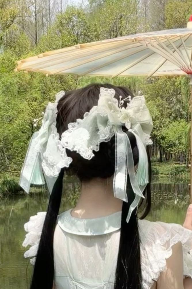 Meowing and Fruity Peach Blossom Hanfu Qi Lolita Headdress Wristcuffs and Tailing