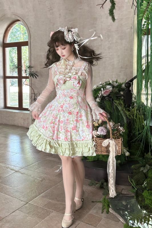 Rose Ruins ~Spring Roses~ Lolita Cotton Pink Green JSK