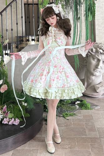 Rose Ruins ~Spring Roses~ Lolita Cotton Pink Green JSK