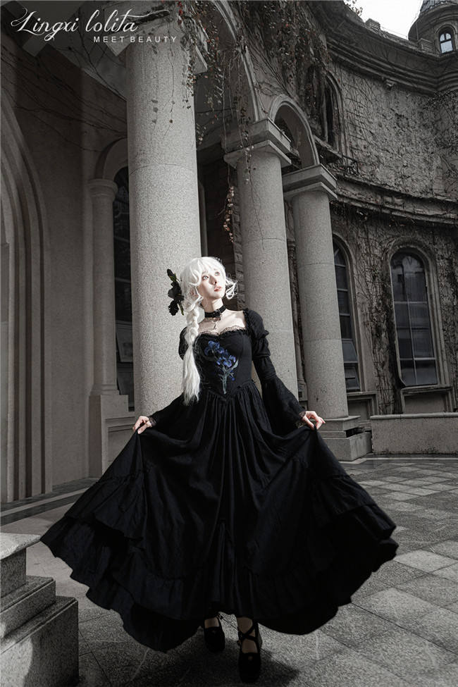 LingXi Black Iris Embroidery Gothic Lolita Dress, Lace Cape, Overskirt and Necklace