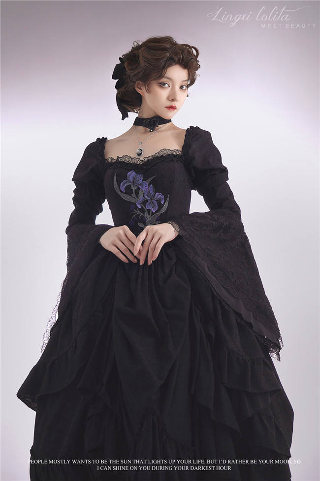 LingXi Black Iris Embroidery Gothic Lolita Dress, Lace Cape, Overskirt and Necklace