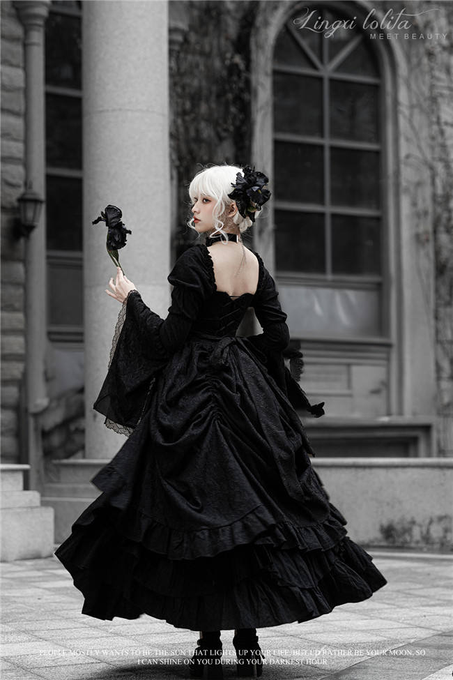 LingXi Black Iris Embroidery Gothic Lolita Dress, Lace Cape, Overskirt and Necklace