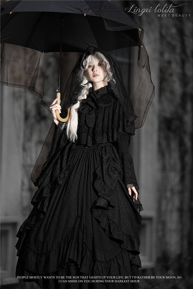 LingXi Black Iris Embroidery Gothic Lolita Dress, Lace Cape, Overskirt and Necklace