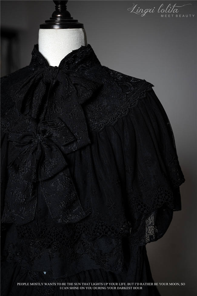 LingXi Black Iris Embroidery Gothic Lolita Dress, Lace Cape, Overskirt and Necklace