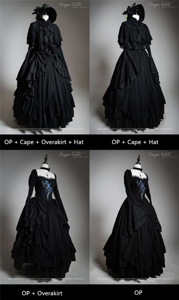 LingXi Black Iris Embroidery Gothic Lolita Dress, Lace Cape, Overskirt and Necklace