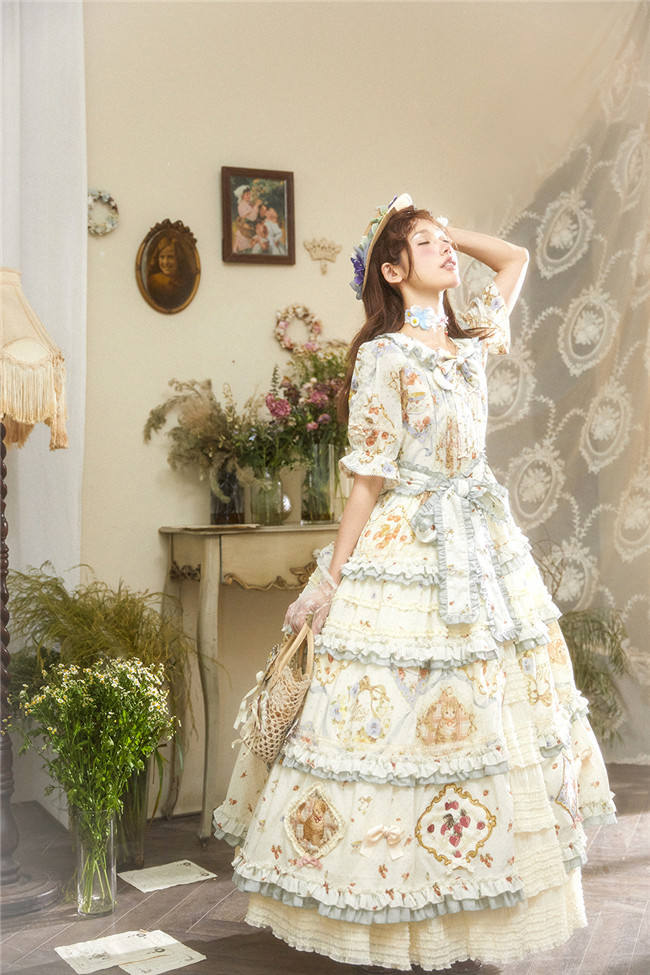 Miss Point Kitty and Rose Prints Lolita One Piece