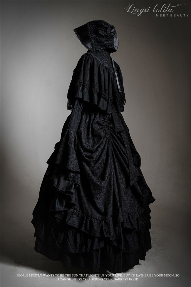 LingXi Black Iris Embroidery Gothic Lolita Dress, Lace Cape, Overskirt and  Necklace