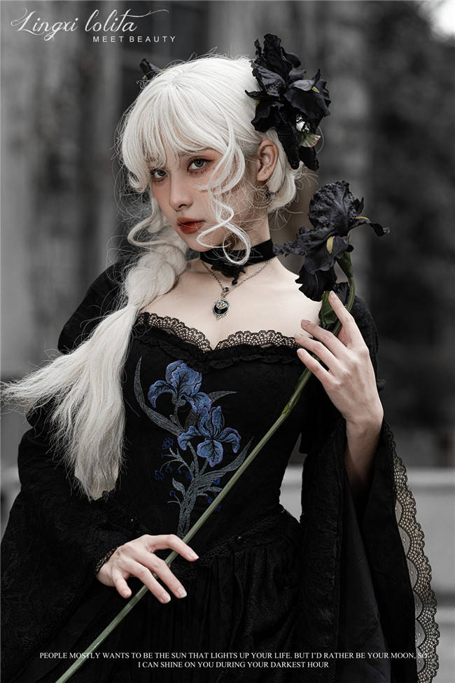 LingXi Black Iris Embroidery Gothic Lolita Dress, Lace Cape, Overskirt and Necklace