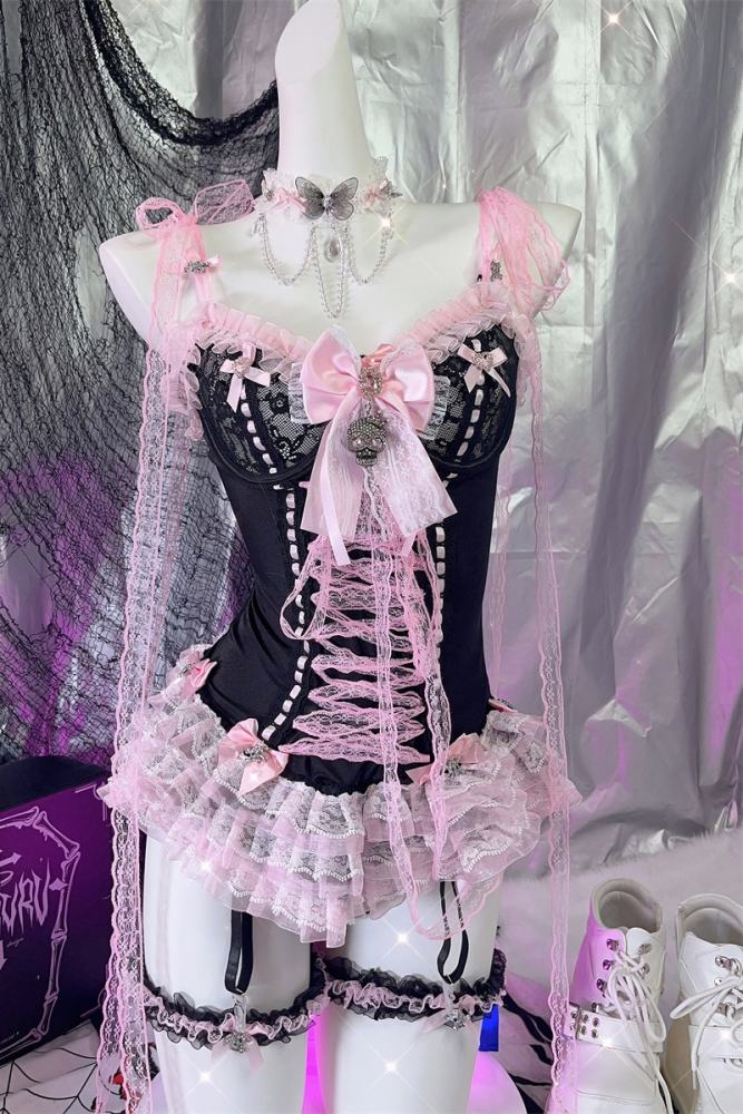 Don't Bother Me Lacework Bows Gyaru Style Strap Top and Briefs