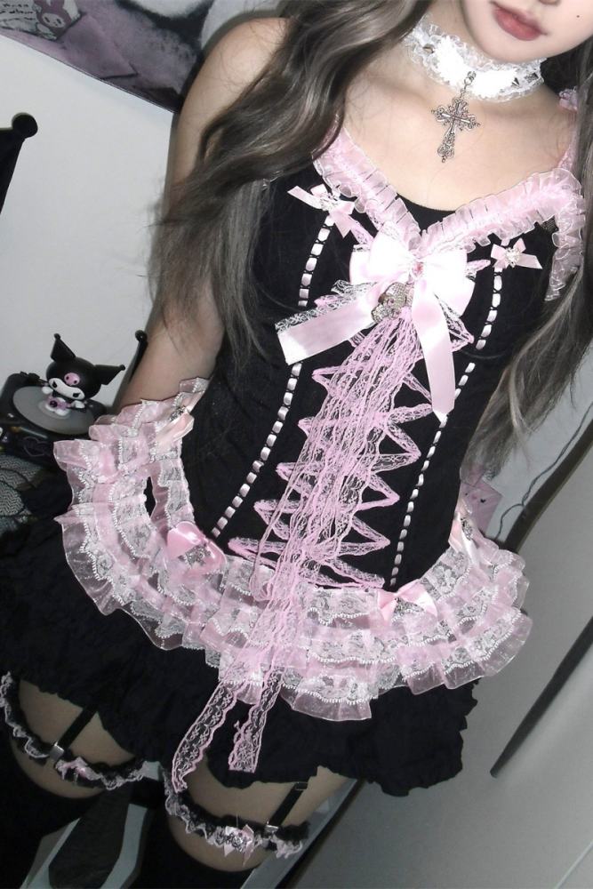 Don't Bother Me Lacework Bows Gyaru Style Strap Top and Briefs